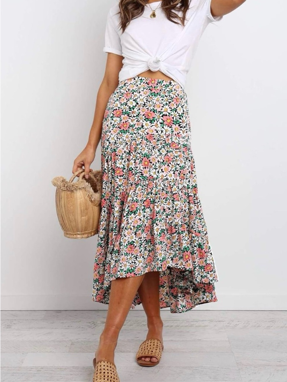 Floral Tiered High-Low Maxi Skirt - Pink Floral